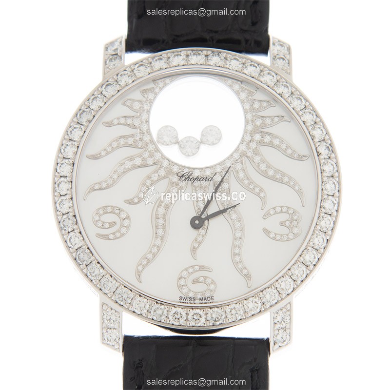 Chopard Happy Diamond Quartz 18kt White Gold Buckle Black Leather